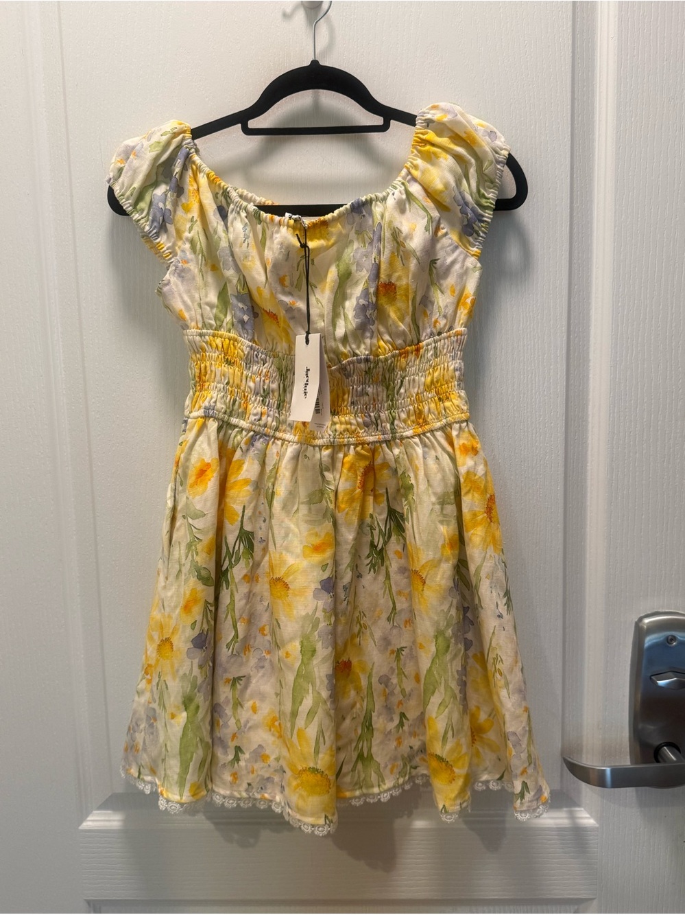 Jacquie the label Yellow Floral Mini Dress Blue White Print Smocked Waist NWT S - Picture 5 of 6